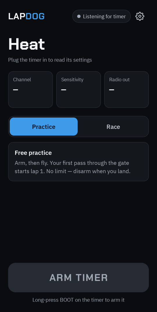 The LapDog Android app waiting for a timer, with Practice and Race modes and an Arm Timer button